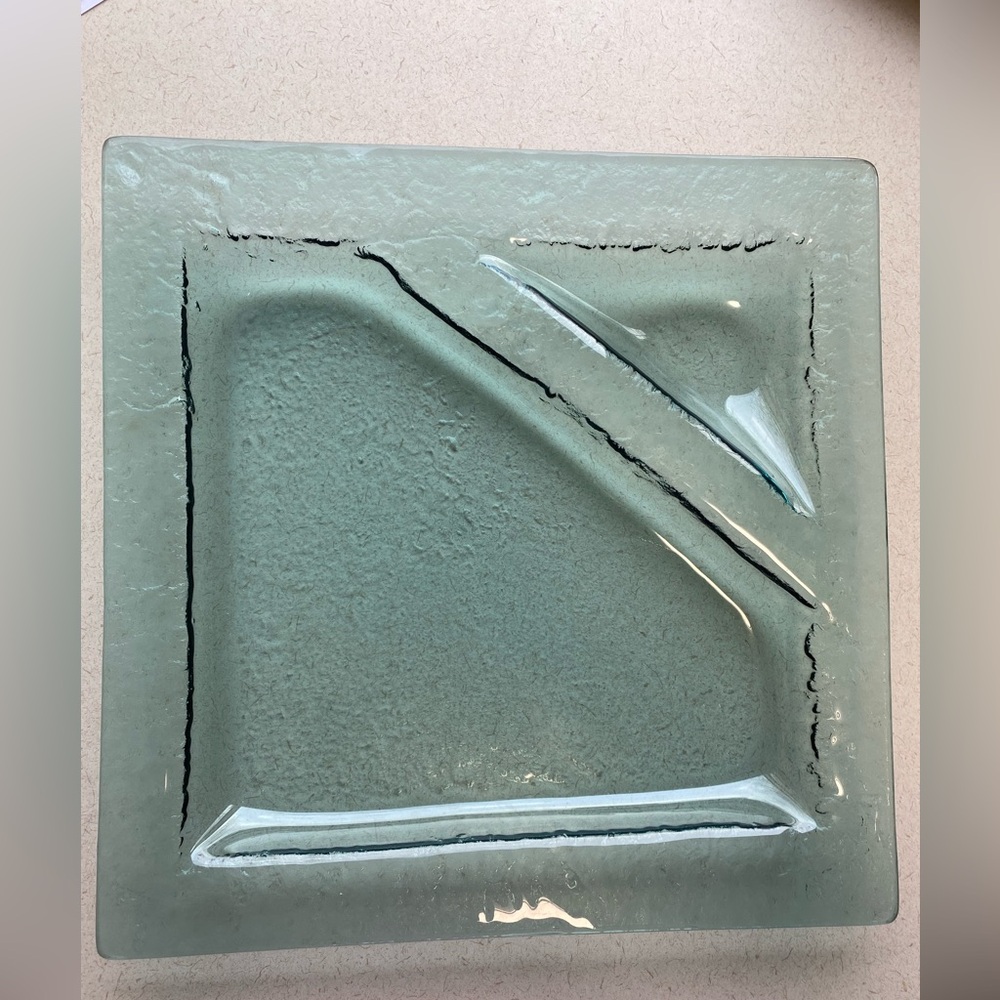 Textured Thick Green fused translucent glass serving plate or platter. 14”x14”